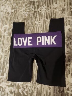 Vintage PINK Victoria's Secret Black Leggings with Purple 'LOVE PINK' Waistband